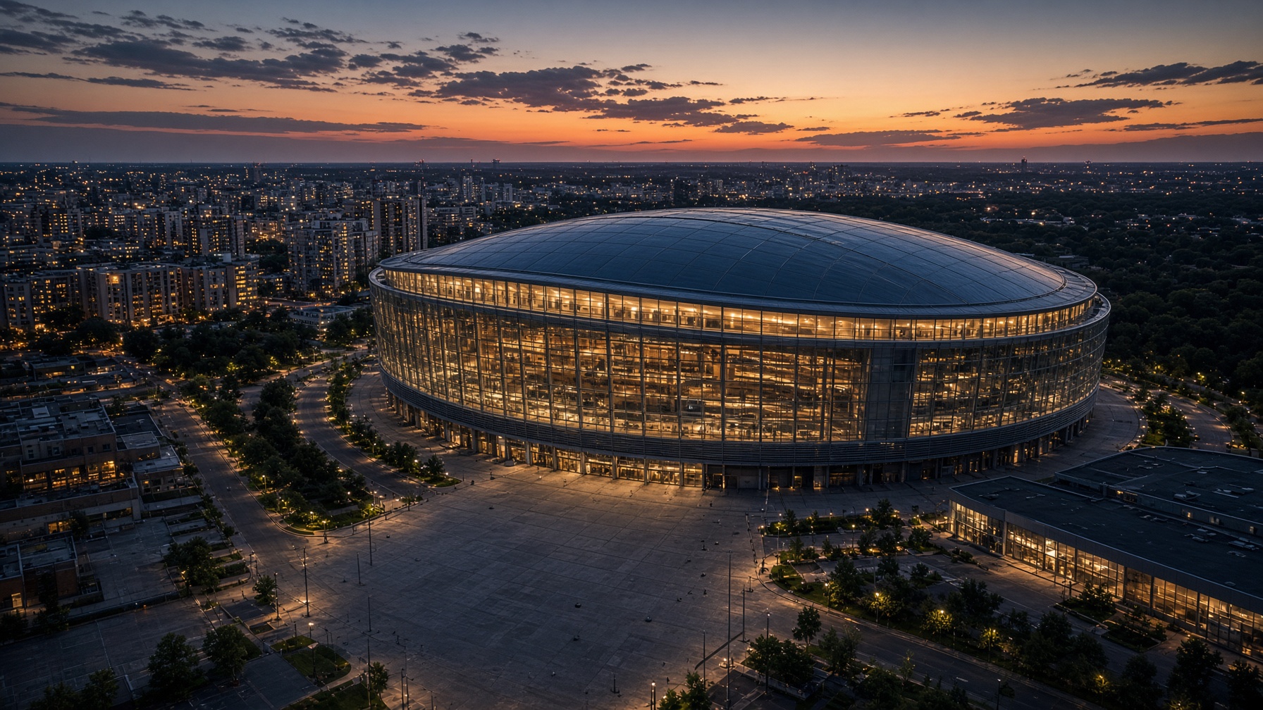 Modern arena at dusk