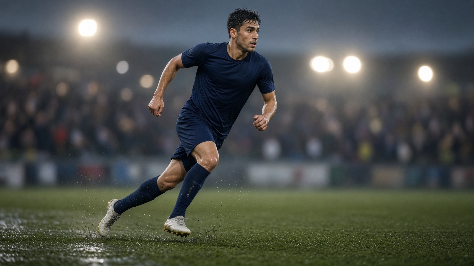 Professional footballer sprinting at dusk