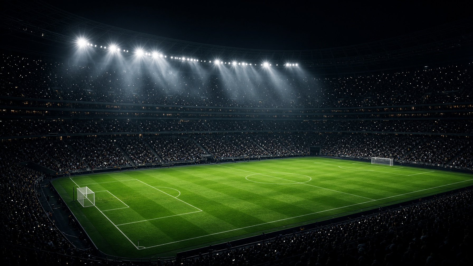 Night match in a packed stadium under floodlights